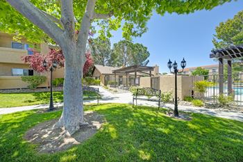 a park with benches and a tree in front of a building